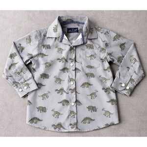 Test Of Time Boys 3T Dinosaur Button Up Shirt Gray Long Sleeve Collared Top